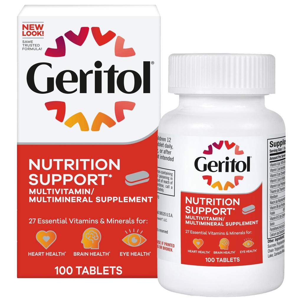 Geritol, Multivitamin תוסף, מכיל B-Vitamins, Antioxidants, ויטמינים C, E & D ו Iron, 26 ויטמינים ומינרלים חיוניים, Gluten-Free, non-GMO, No Artificial Sweeteners, 100 Tablets
