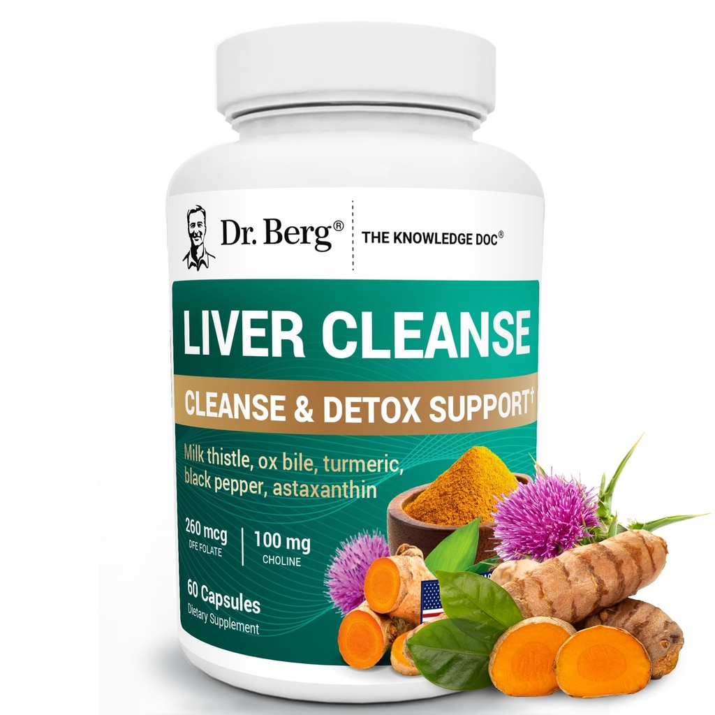 ד"ר ברג Liver Cleanse Detox קפסולות w / Unique Band of Milk Thistle, Ox Bile & Folate - Liver תוסף כולל Turmeric, Black Pepper & Choline - 60 קפסולות