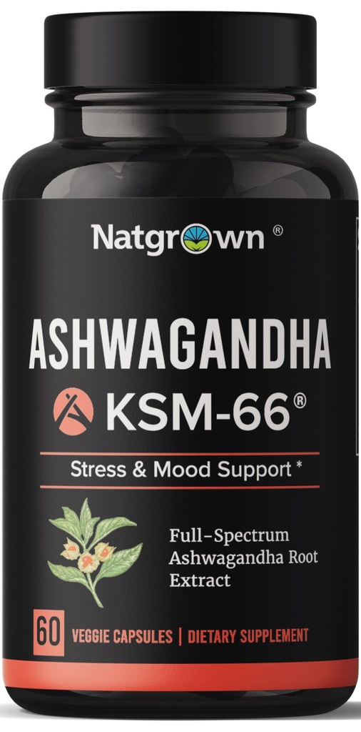 Natgro Ashwagandha KSM 66 תוסף 600 מ"ג - מתח, Mood, & אתלטיק תמיכה - אורגני KSM66 שורש לחלץ עם 5% עם אנאנולידים - קפסולות טבעוניות - 60 הרוזן