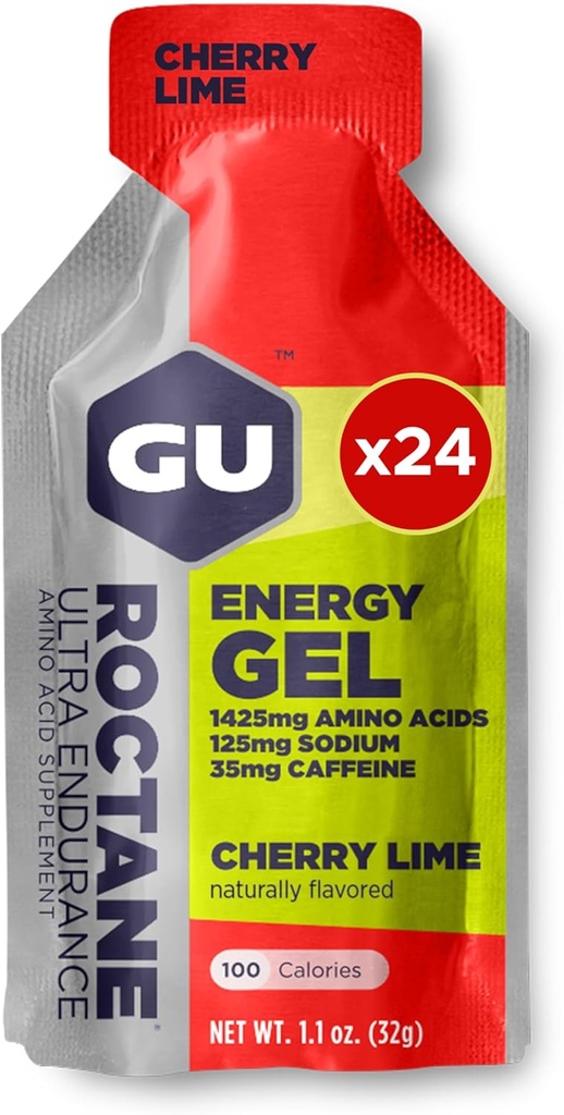 אנרגיית GU רוקטון Ultra Endurance Gel, טבעונית, Gluten-Free, כשרה ותזונה ללא חלב על- The-Go Sports Nutrition for Running, Biking, Hiking or Skiing, 24Count, Cherry Lime