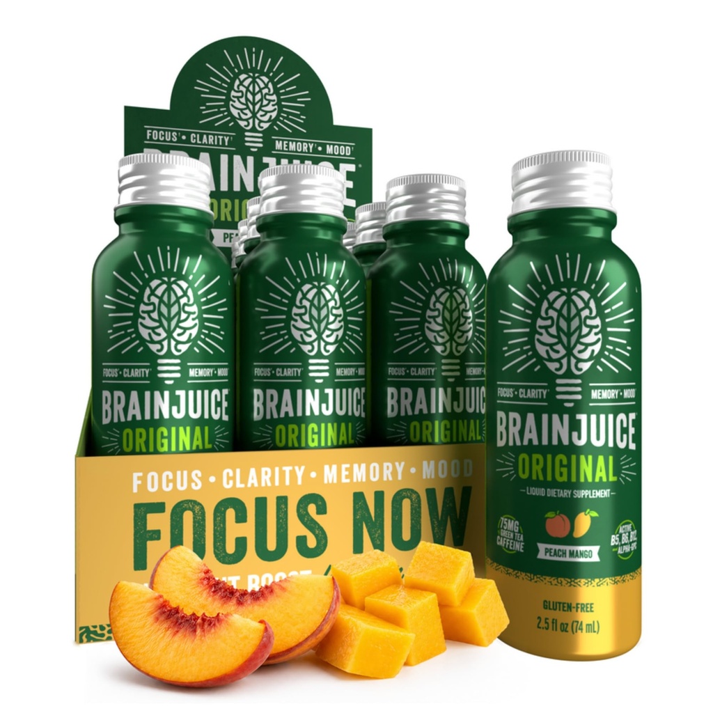 BrainJuice Brain Support Shot, Gluten Free Supplement Shots for Energy & Focus, משקאות בריאים עם Alpha GPC, ויטמין B & אורגני תה לחלץ קפאין, Peach מנגו, 2.5 oz, 12 Pack