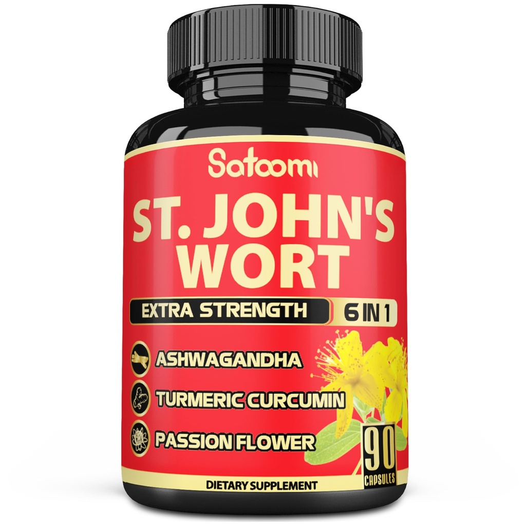 Satoomi St. John's Wort קפסולות לחלץ תוסף - 6 Herbs Equivalent 5050 מ"ג - איזון רגשי, Joyful Mood & Mood Support - 1 Pack 90 Veggie Caps 3Month Supply