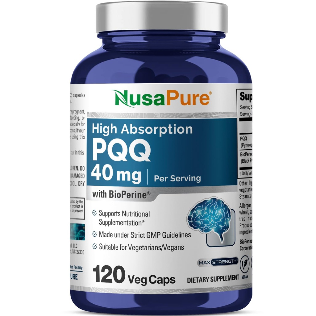 NusaPure PQQ תוסף 40 מ"ג, 120 קפסולות Veggie, non-GMO, Pyrroloquinoline Quinone Disodium מלח, Bioperine