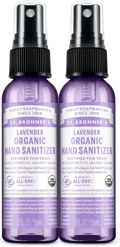 Dr. Bronner's - Organic Hand Sanitizer Spray (Lavender, 2 Ounce, 2-Pack) - פורמולה פשוטה ויעילה, ניקויs & Sanitizes, No Harsh Chemicals, Moisturizes ומנקה ידיים