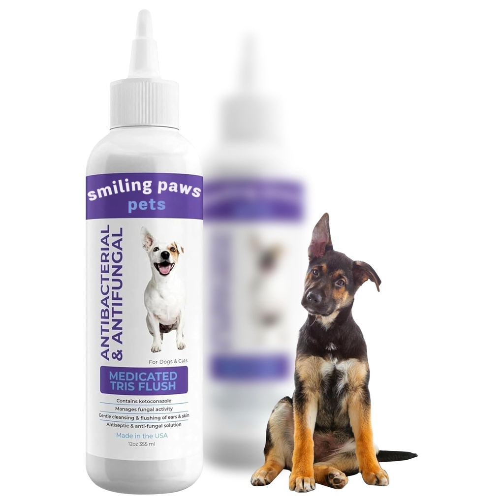 Smiling Paws חיות מחמד medicated Tris Flush כלב נקה יותר פתרון זיהום עבור כלבים וחתולים האוזן שפעתsh עבור כלבים אוזניים ניקוי יותר עבור כלבים וחתולים - Cat & Dog אוזניים Wash מכיל Ketoconazole 12oz