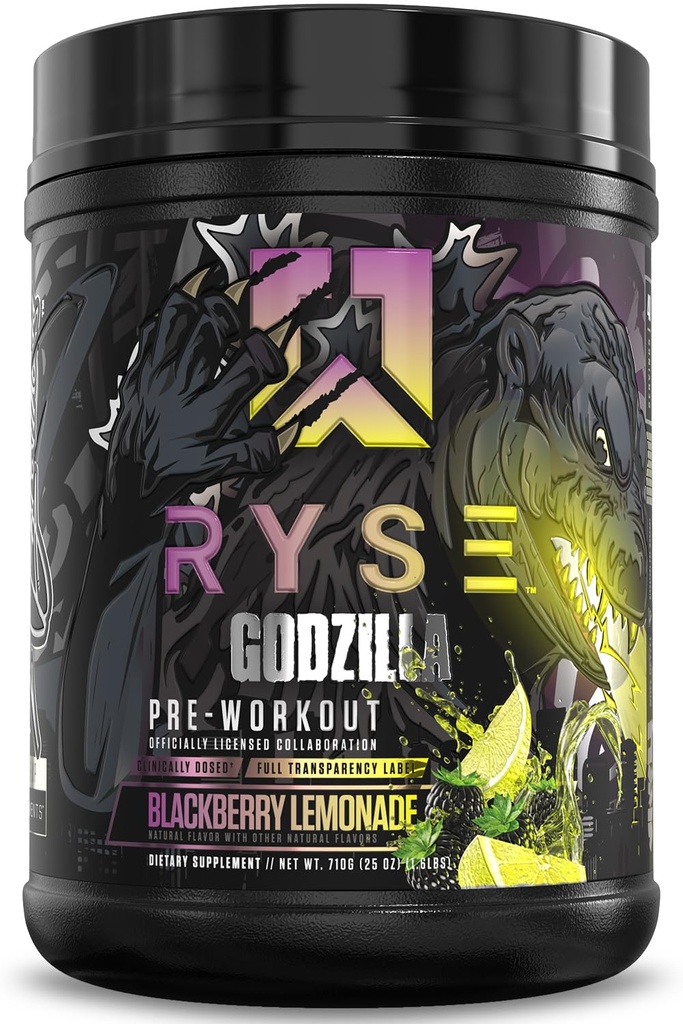 RYSE Godzilla X Noel Deyzel Pre Workout אבקה - BlackBerry Lemonade - 400 מ"ג Caffeine, High Stim Pre-Workout for Men & Women with Citrulline & Beta Alanine - אנרגיה, משאבה & Focus - 20/40 משרתים
