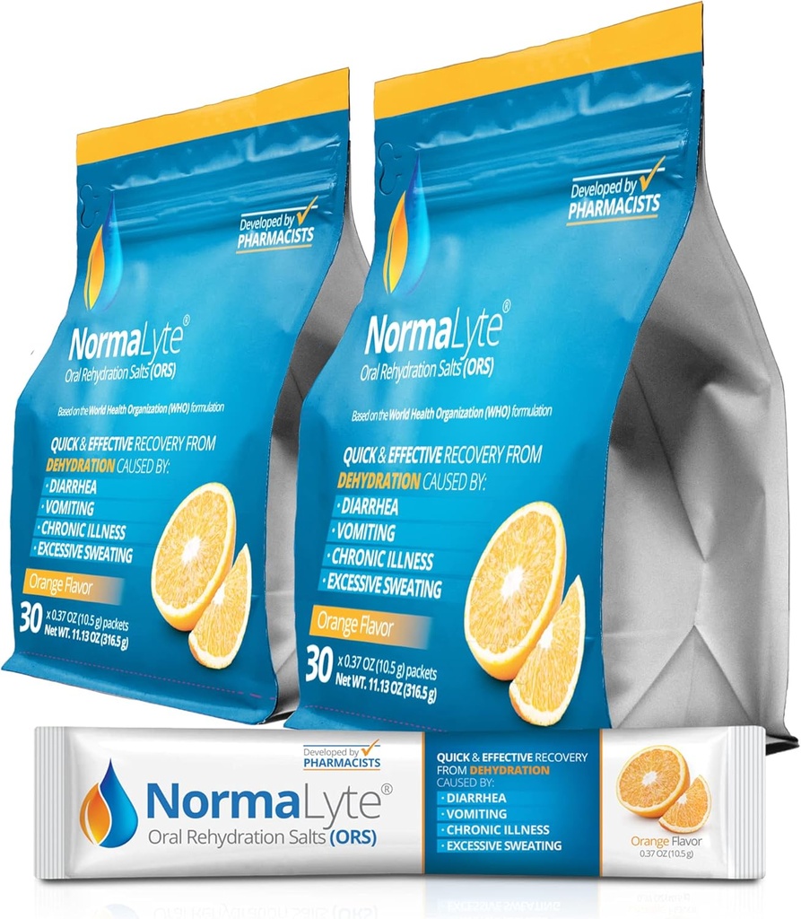 NormaLyte Oral Rehydration Salts-2 Pouches - 60 מקלות (Yields 500mL per Pack)-Orange) תוספי אנרגיה, תוספי פוטאסום, Dehydration Recovery and Quick Absorption