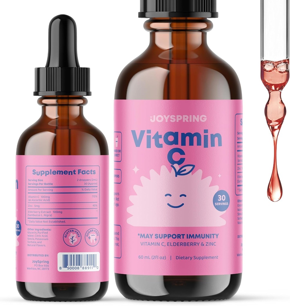 JoySpring ויטמין C + Elderberry Drops + Zinc for Kids Immune Support, Genius Drops for Focus, ויטמין D לילדים