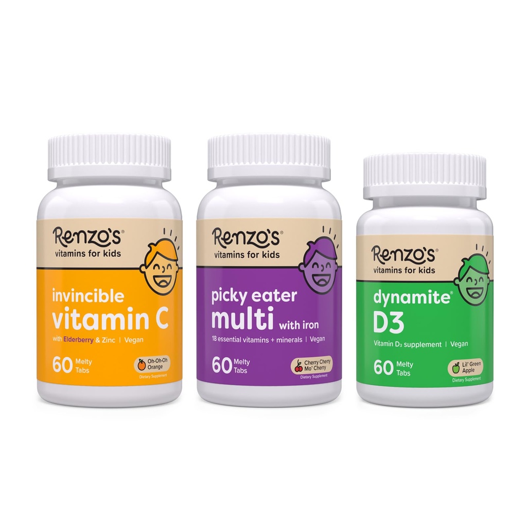 הוויטמינים של רנזו, Immunity Builder Bundle - ויטמין C עם Elderberry & Zinc for Immune Support, Picky Eater Kids Multivitamin, ויטמין D3