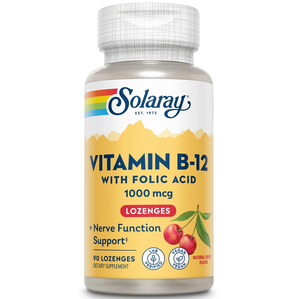 SOLAרי ויטמין B-12 1000mcg Lozenges עם Folic Acid | דובדבן טבעי