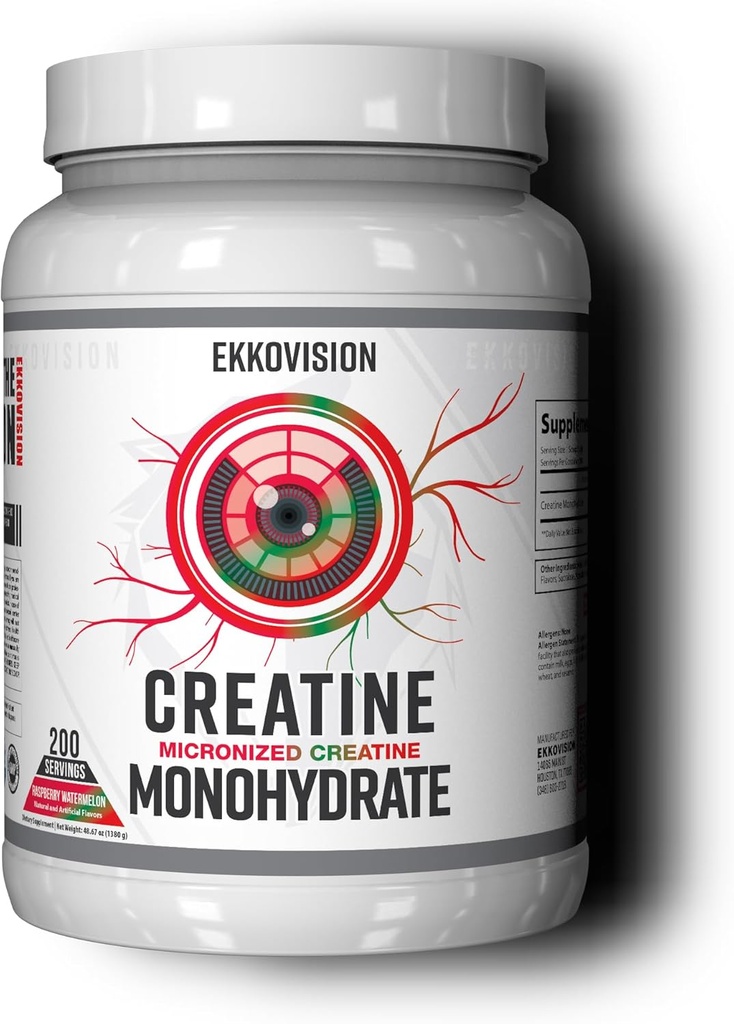 אבקת Ackovision Creatine Monohydrate, Micronized, Raspberry Watermelon, Pre & Post Workout תוספת לגברים ונשים, תמיכה באנרגיה, קל לערבב בשקות, Smoothies & Beverages, 200 משרתים