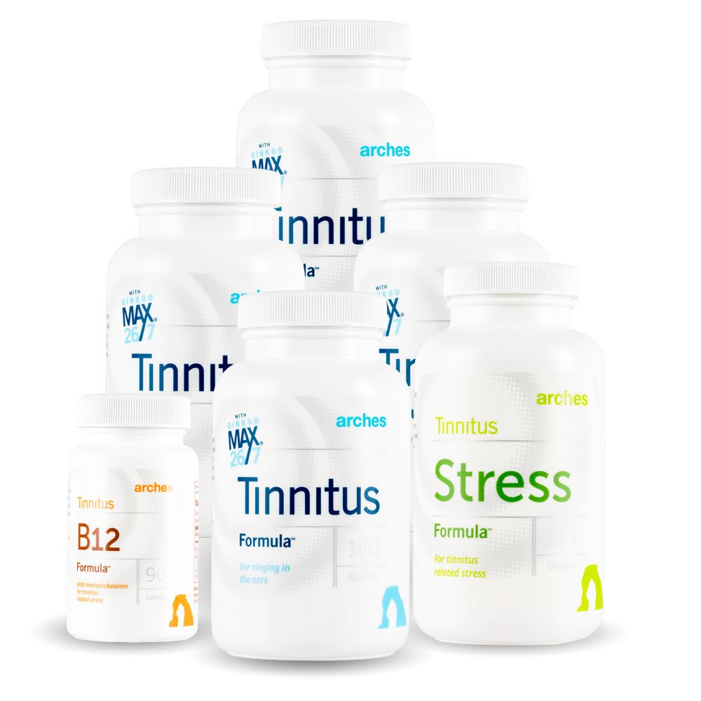 Arches Tinnitus Combo Pack - עכשיו עם ג'ינקגו מקס 26/7 - טיפול טבעי טינטון עבור הקלה מרינג אוזניים - 6 בקבוקים - 90 יום אספקה
