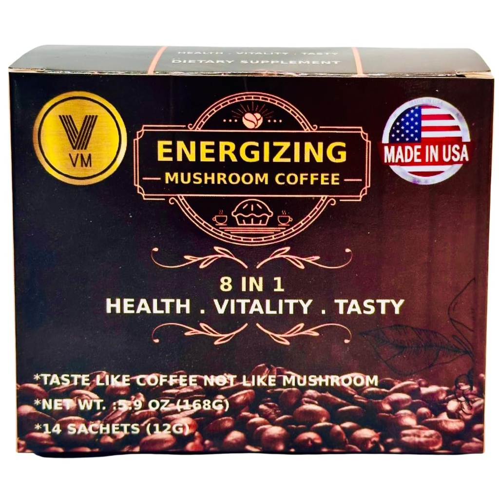 VM Energyzing Mushroom קפה-Reishi עם ג'ינסנג & Carbo Mix-Instant קפה. גירודרמה טבעית עם קפה מיידי.תוספת דיטרי.8-in-1 Mushroom קפה. לערבב קפה קלאסי מיוצר בארה"ב S