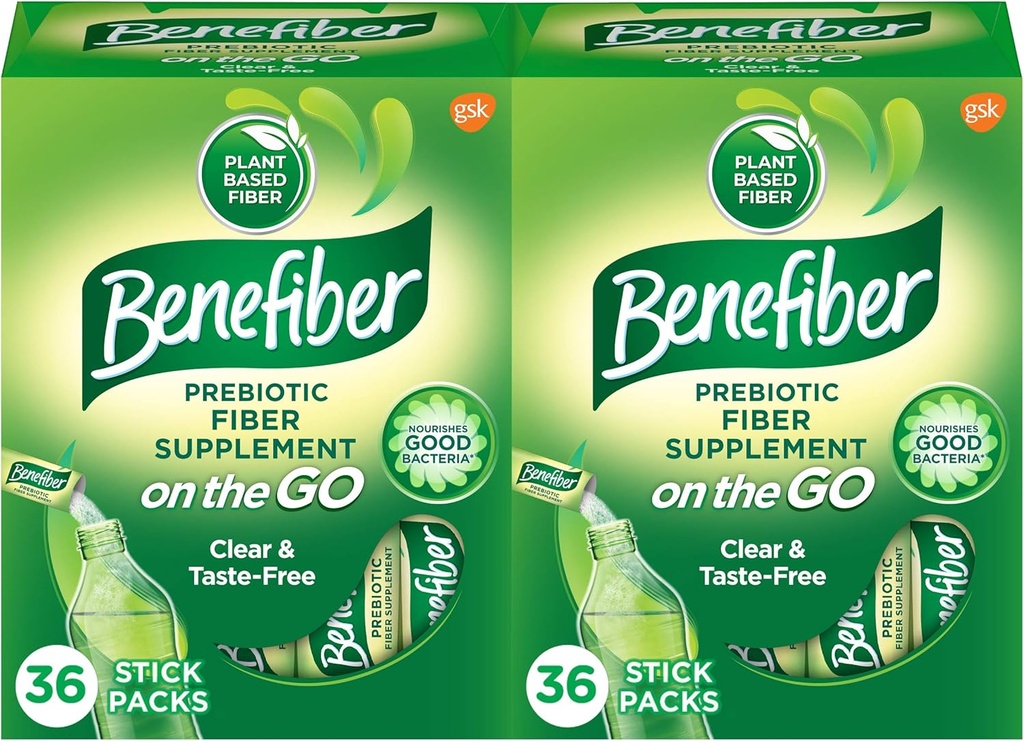 Benefiber on the Go Prebiotic סיבים אבקה לבריאות העיכול, אבקת יומית, Unflavored Stick Packs - 36 Sticks (Pack of 2)