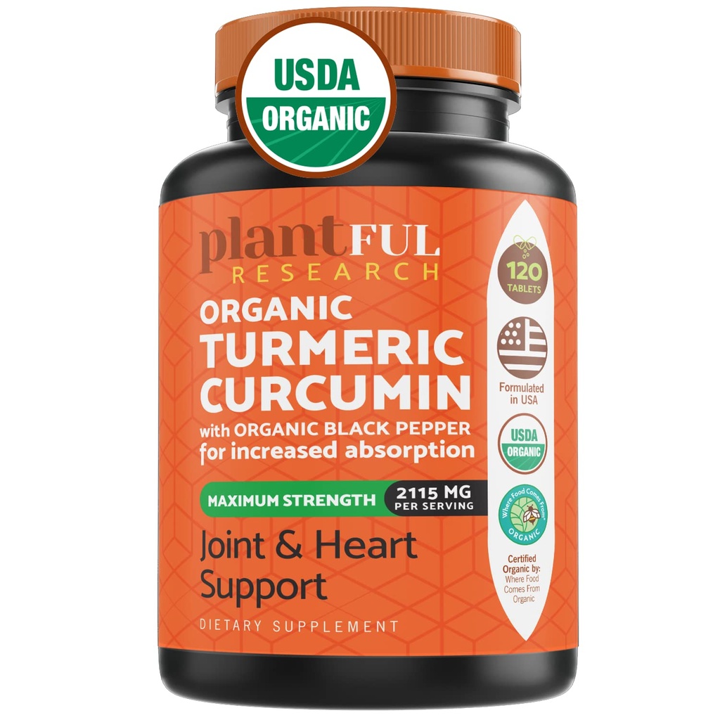 תוספת אורגנית Turmeric עם Black Pepper פוטנטיות גבוהה USDA מוסמך (Non-GMO Organic Curcumin 2115mg) Antioxidant Joint & Immune Support 120 טבליות