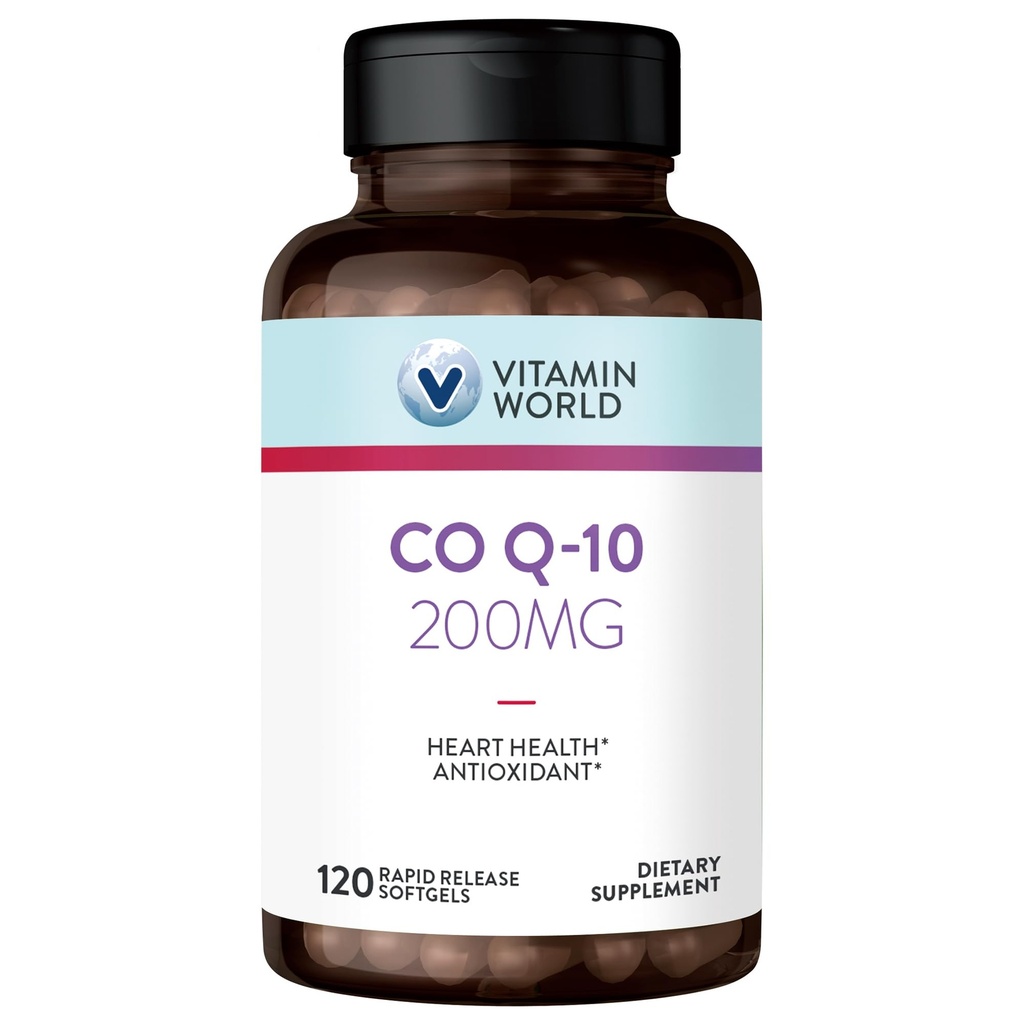 ויטמין World CoQ10 200 מ"ג Softgels, Coenzyme Q10 תוספי תמיכה אנטי-חמצן, Heart Health & Energy הפקה, Gluten Free, 120 Rapid Release Softgels