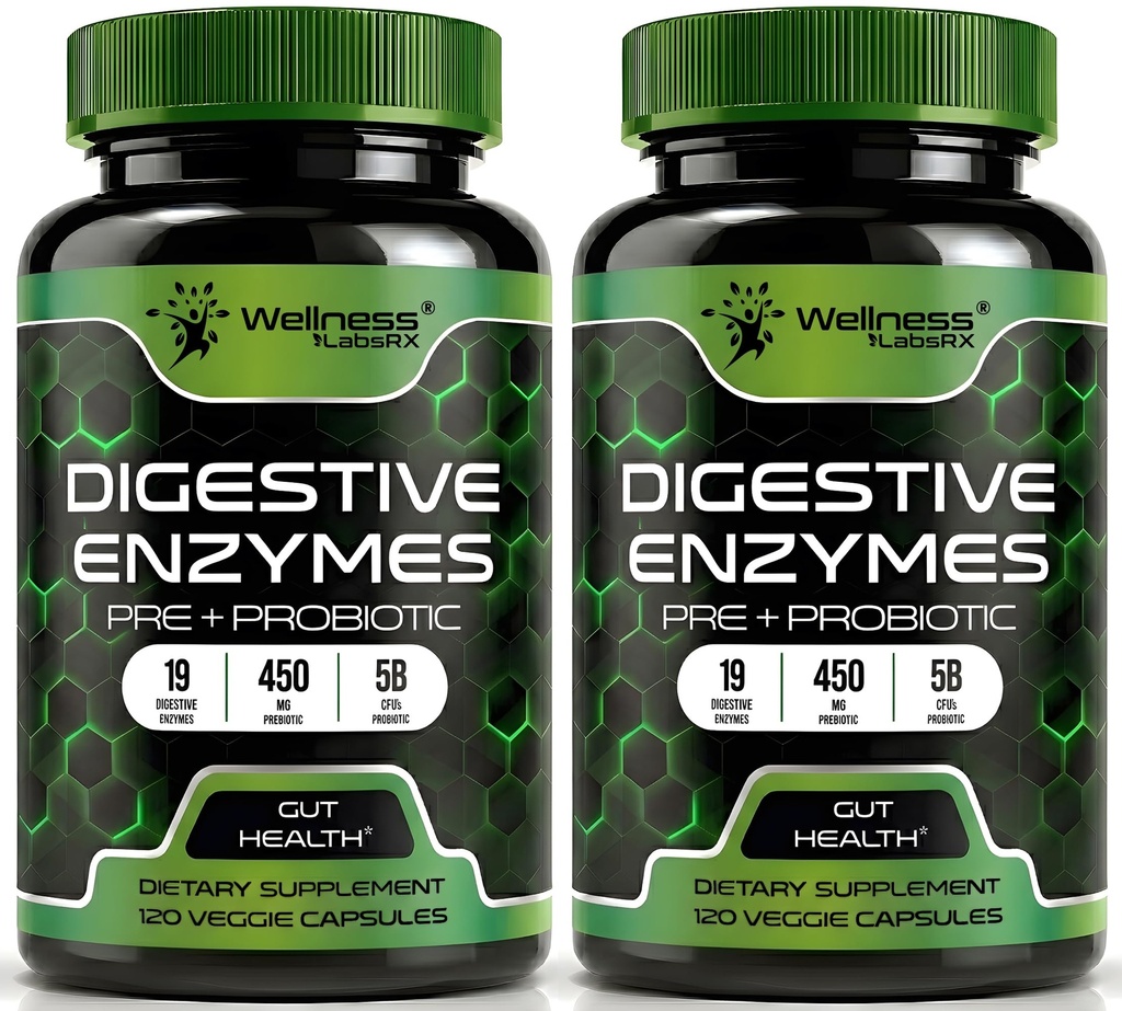 Enzymes עם Probiotics ו Prebiotics, 450 מ"ג, 5 מיליארד CFUs - קפסולות סופר-תזונה טהורה - Enzymes for Women & Men Support Digestion & Gut Health - 120 Count (Pack of 2)