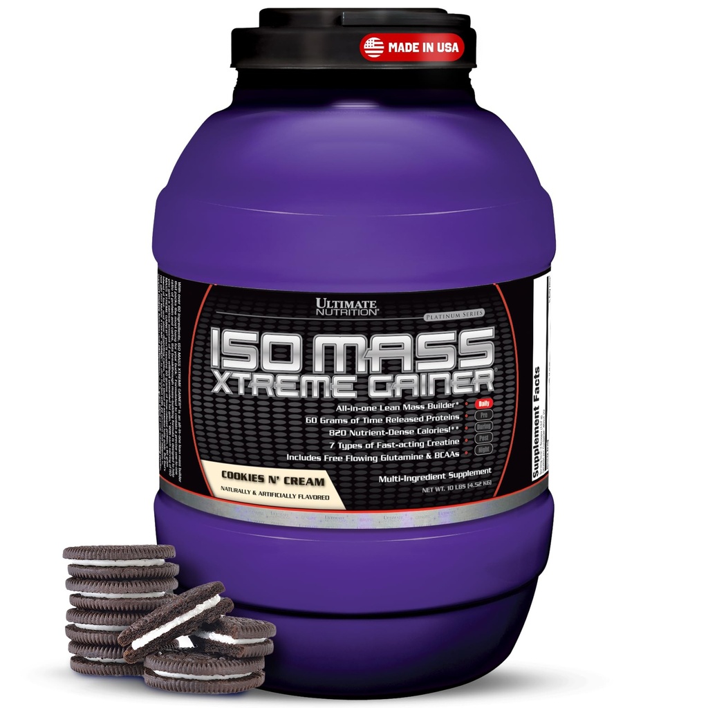 תזונה האולטימטיבית ISO Mass Xtreme Gainer - High-Calorie Mass Gainer עם Creatine & Whey Isolate אבקת חלבון עבור עלייה במשקל, Lean שריר Mass, Bulk - עוגיות N Cream, 10lbs
