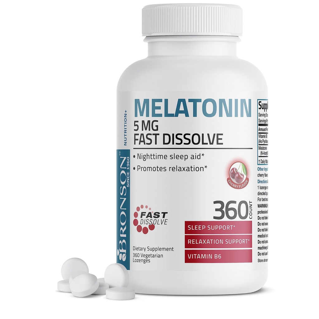 ברוונסון מלטונין 5 מ"ג מהר Dissolve Cherry Flavor Tablet עם ויטמין B6 - Nighttime Sleep Aid - מקדם הירגעות, 360 Vegetarian Chewable Lozenges