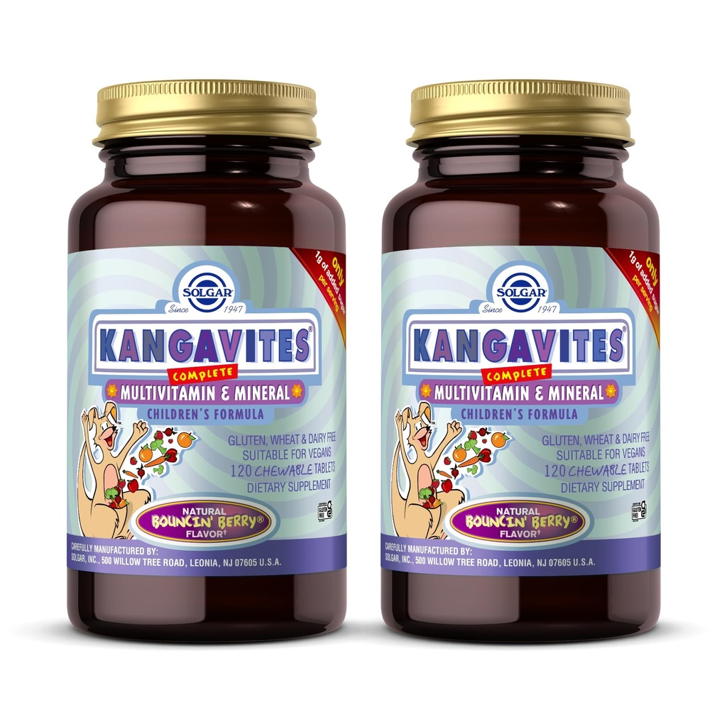 Solgar Kangavites, Bouncin' Brad Flavor - 120 טבליות Chewable, Pack of 2 - שלם Multivitamin & מינרלים פורמולה לילדים - טבעוני, Gluten Free