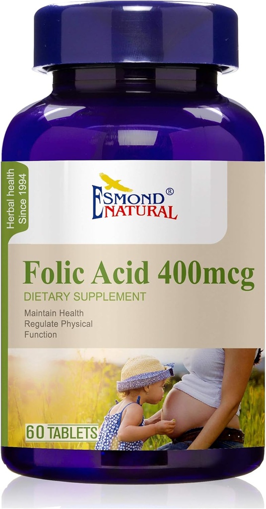 (3 Pack) Esmond Natural: Folic Acid 400mcg (תמיכה ממשלתית, שמירה על פונקציות בריאות), GMP, מוצר טבעי Assn Certified, Made בארה"ב - 400mcg, 180 טבליות