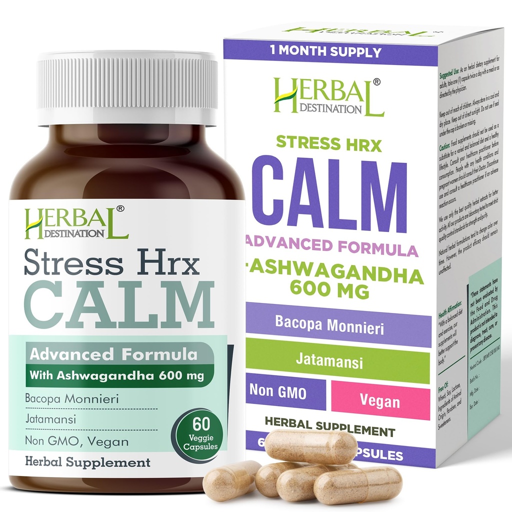 Stress Hrx, Ashwagandha תוסף קפסולת, Herbal Value Stress Relief - 60 Count