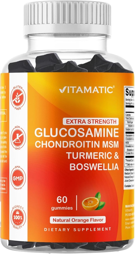 Vitamatic תוספת חיזוק Glucosamine Chondroitin מסטיקים עם MSM, Turmeric & Boswellia - 60 חניכיים מבוססות Pectin- Based תמיכה משותפת פורמולה - Sugar-Free, non-GMO, Gelatin-FreeFree-Free-Free.