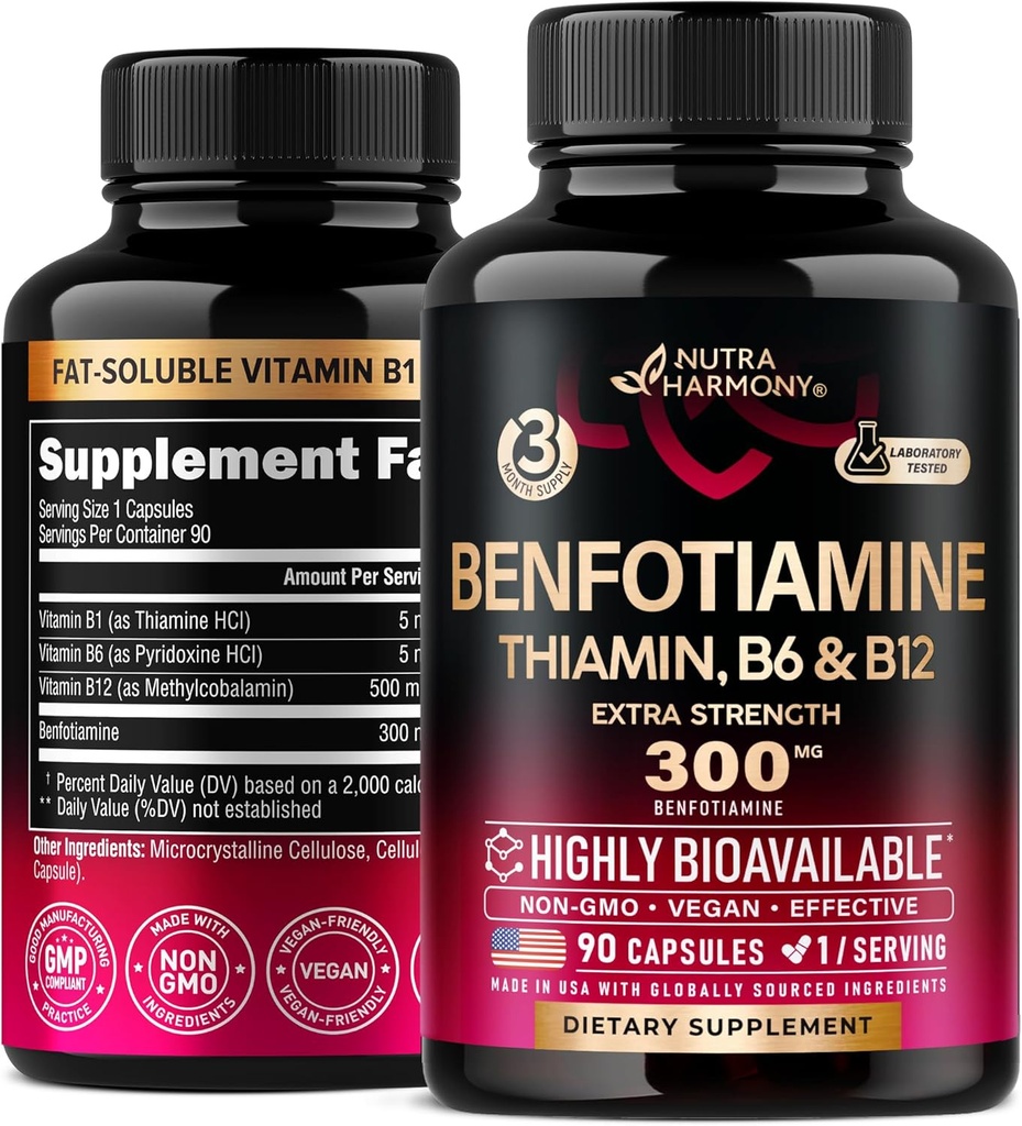 Benfotiamine 300 מ"ג - תמיכה עצבית, אנרגיה ומטבוליזם תמיכה - Benfotiamine תוסף שומן-Soluble ויטמין B1 - ביו-זמינות גבוהה & Absorbable - עם Thiamin, ויטמין B12 & B6 - 90 קפסולות