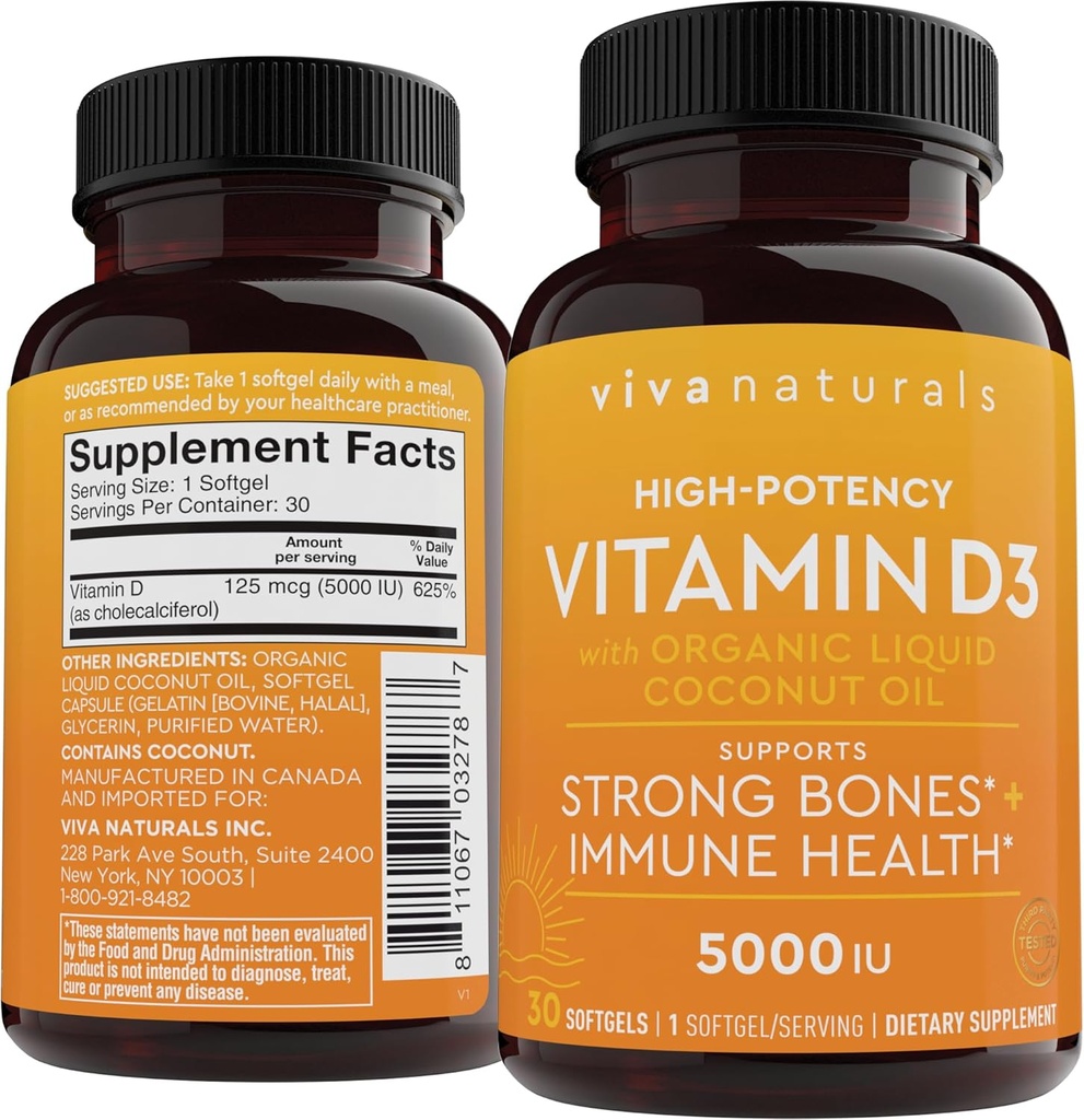 ויטמין D3 5000 IU Softgels (125 mcg), 30 Softgels - תוספי ויטמין D עתיר עבור פונקציונליות חיסונית בריאה, עצמות ושרירים - עשויים עם שמן קוקוס אורגני