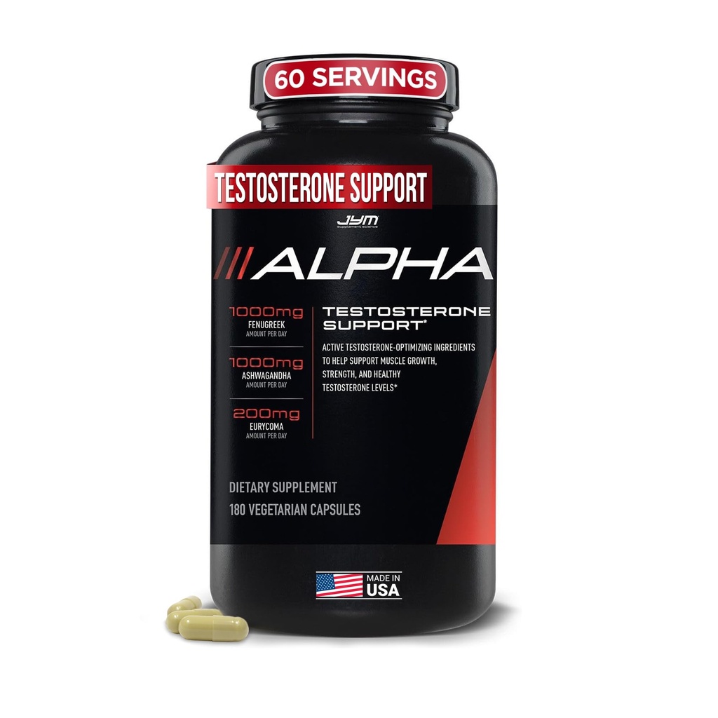 אלפא JYM טסטוסטרון Support | Male Vitality, הורמון אופטימיזציה, Ashwagandha, Fenugreek, Eurycoma, Damiana, Quercetin, DIM | JYMal Science Supplement
