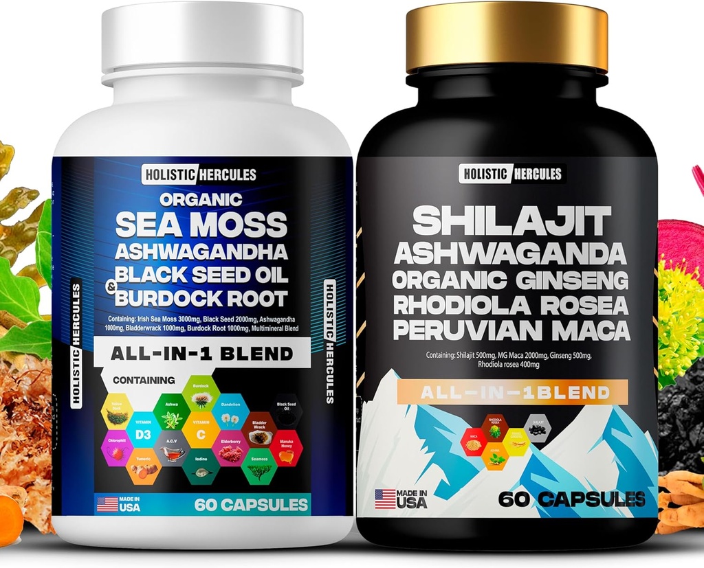 Holistic Collins Classic Combo Bundle - Sea Mos 3000 מ"ג, Black Seed 2000mg, Ashwagandha 1000mg, Shilajit 5000mg, Panax Ginseng 1500 מ"ג, פרואני Maca 2000 מ"ג, All in 1s Packdha 1000mgs Packdha 1000mg, Shilajit 5000mg, Panax Ginseng 1500mg, פרוvian Maca 2000mg, All in 1, All in 1s Pack
