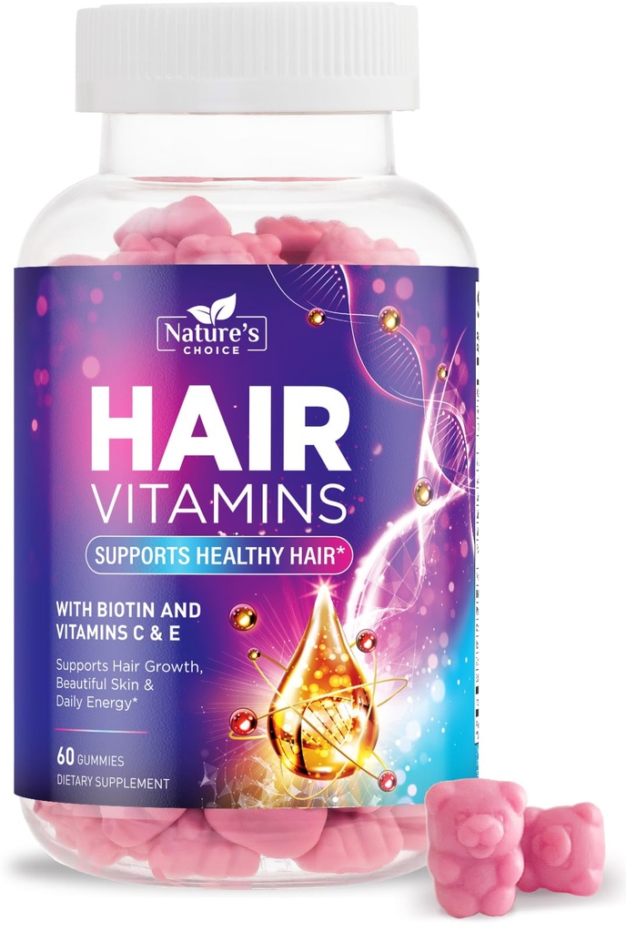 ויטמינים לשיער עם 5,000 mcg Biotin, תמיכה בחניכיים, Premium Vegetarian non-GMO עם ויטמינים E & C עבור חזק יותר, שיער יפה, עור וציפורים, biotin Gummies תוסף - 60 מסטיקים