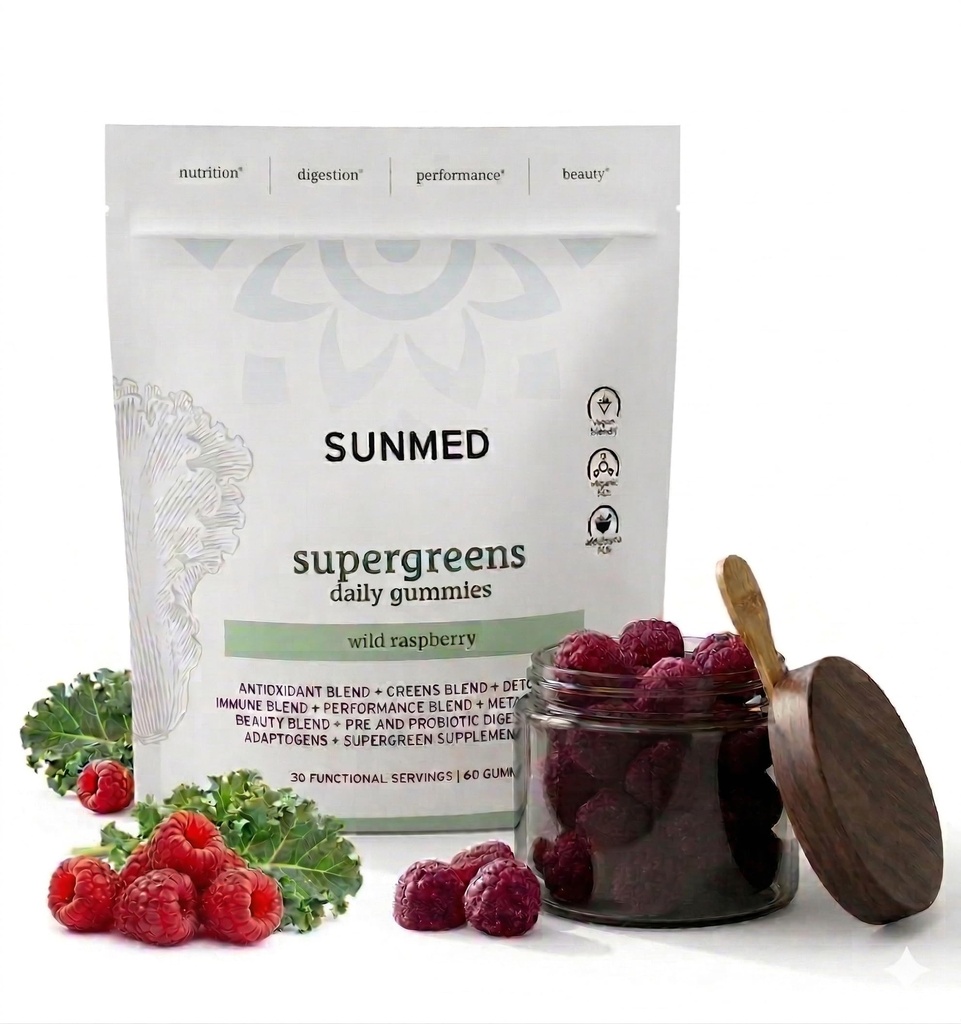SunMED Supergreens Daily Gummies - כדור הארץ עם Ashwagandha, תה ירוק, Spirulina, Probiotics, Antioxidants & Detox תמיכה עבור Immunity, Gut, Skin & Brain Health