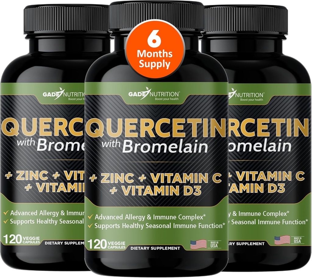 Gade Nutrition Quercetin עם ויטמין C ו- Zinc - Quercetin 500 מ"ג - Quercetin עם Bromelain - Zinc Quercetin - תוספי Quercetin + ויטמין D3 (Non-GMO, Gluten-Free, Vegan) - 6 חודשים אספקת אספקה
