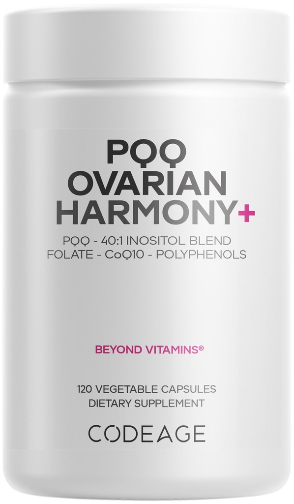 Codeage PQQOvarian Harmony+ תוסף - PQQ (Pyrroloquinoline Quinone), Myo-Inositol & D-Chiro-Inositol 40:1 בלנדר 5MT, CoQ10, Wildberry - Liposomal Delivery - Non-GMO - 120 קפסולות