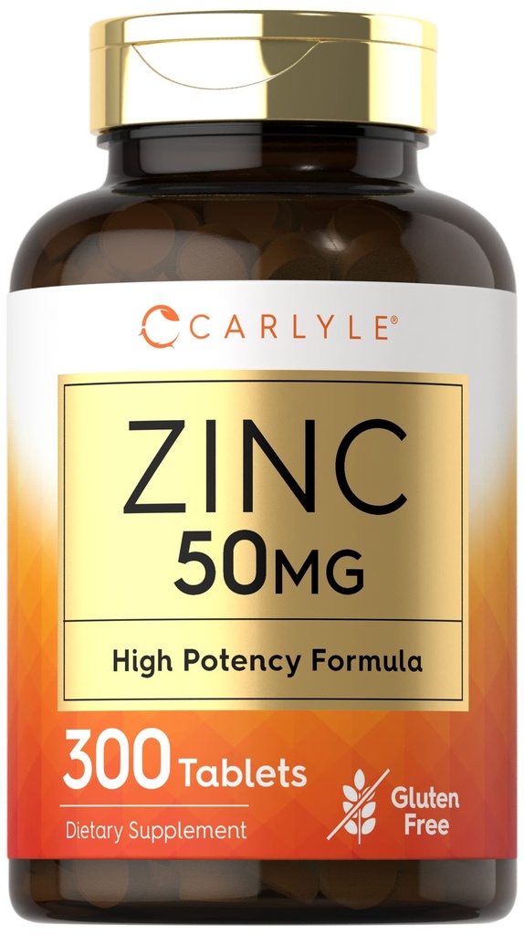 Carlyle Zinc 50 מ"ג | 300 טבליות | Vegetarian, non-GMO, ו- Gluten Gluten Free Supplement | Zinc Gluconate | High Potency Formula