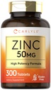 Carlyle Zinc 50 מ"ג | 300 טבליות | Vegetarian, non-GMO, ו- Gluten Gluten Free Supplement | Zinc Gluconate | High Potency Formula