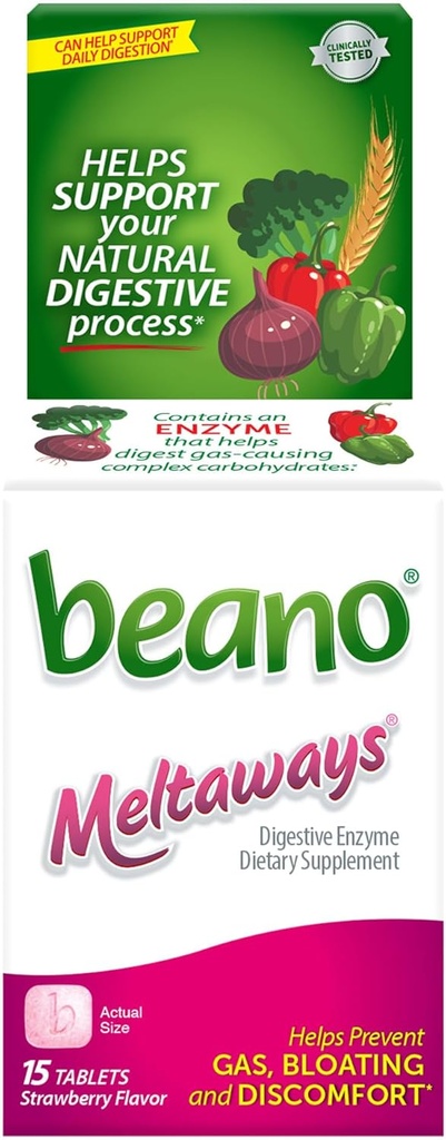 Beano Meltaways, Gas Prevention & Digest Enzyme תוסף, Strawberry Flavor, 15 הרוזן