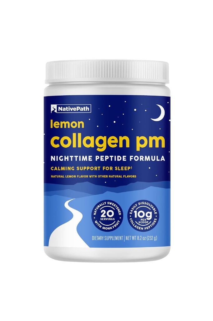 NativePath Collagen PM - Lemon Nighttime Collagen Peptides אבקת עם Magnesium, GABA, L-theanine ומלטונין - 20 משרתים