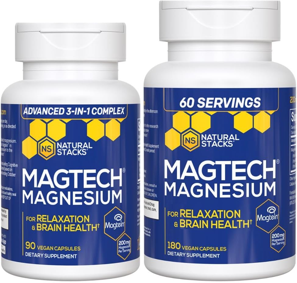Natural Stacks Magtech Magnesium Value Bundle - 3 טפסים של מגנזיום - כולל Magtein L-Threonate - תמיכה מרגיעה ובריאות המוח * - 270 קפסולות מוחלטות