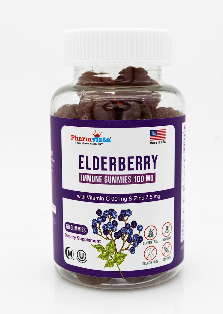 Elderberry חניכיים 100 מ"ג עם ויטמין C ו- Zinc - תמיכה בשומן,ten Free Gummies עם 7% Anthoycyanin - 60 Count