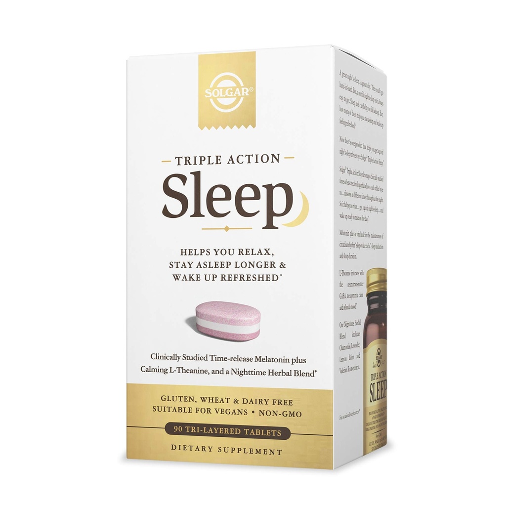 Solgar Triple Action Sleep, 90 Tri-Layer Tablets - Time-Release Melatonin & L-Theanine Plus Herbal בלנדר - מסייע לך להירגע - non-GMO, Gluten Free - 90 משרתים