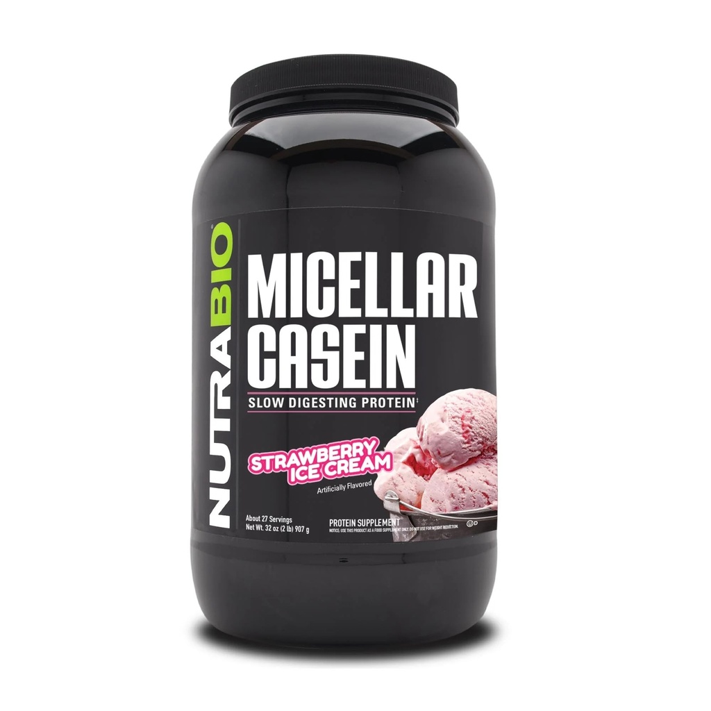 אבקת חלבון NutraBio Casein, Micellar Casien אבקה, 25g Slow Digesting חלבונים, Helps Keep You Full, Overnight השרירים Recovery & growth, BCAA & EAA, Gluten Free, Soy Free, 2lb Strawberry Ice Cream Cream