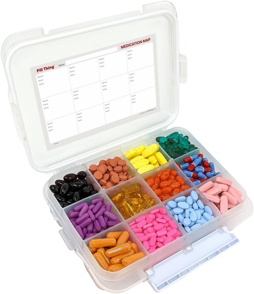 12 השוואת תיקי גלולות גדולים עם Airtight Seal - Silicone Gasket Waterהוכחה Med Box with Medicine Map (12 השוואה, 1 Pack)