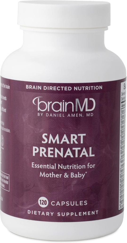 ד"ר Amen BrainMD Smart Prenatal - 120 קפסולות - Multivitamin for Mom & Baby, מקדם הריון בריא ופיתוח אצל תינוקות - Gluten-Free - 30 משרתים