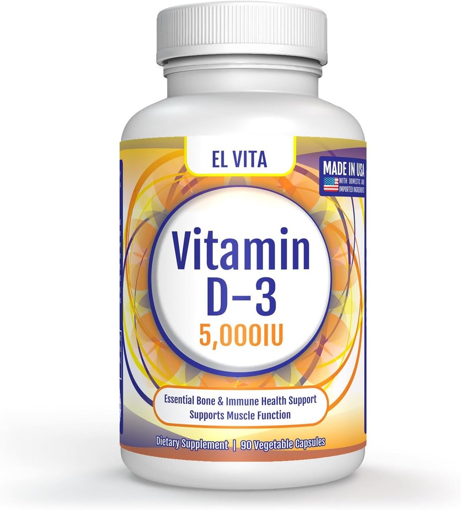 90 קפסולות ירקות ויטמין D. D3 5000IU (125 MCG) High Potency Immune Support Dietary Supplement. התאוששות שרירים בריאה מתקדמת פורמולה non-GMO