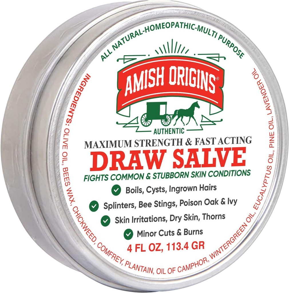 Amish Origins Drawing Salve Ointment, 4 oz מקסימום כוח לפעול לצייר Salve for Splinters, Boil, Bee Stings, Cyst, Anti Itch Cream, Made in USA