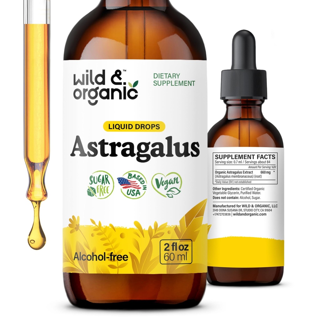 Wild & Organic Astragalus Tincture - תמיכה כספית טיפות w / Astragalus Root Extract - Herbal תוספת עבור Calmness & להירגע - טבעוני, סוכר ואלכוהול חינם - 2 fl oz