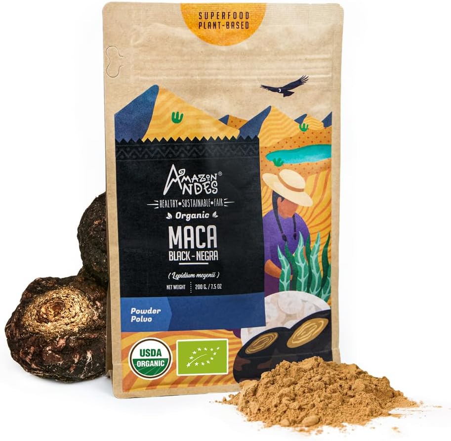 Andes Black Maca Rootאבק (Lepidium meyenii) - מכיל Carbohydrates & מינרלים - התאמת superfood & Health מקדםer - Gelatinized, טבעוני, non-GMO & Allegen-free - 7 Ounce (40 משרתים)