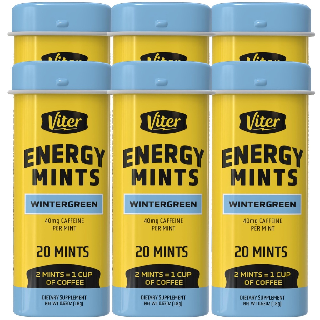 Viter Energy Caffeinated Mints 40mg Caffeine, B ויטמינים, סוכר חינם (Wintergreen, 20pcs, 6 Pack)